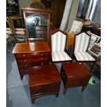 Mah commode, 2 bedside cupboards, dining chairs