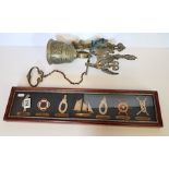 Framed Nautical items and brass bell