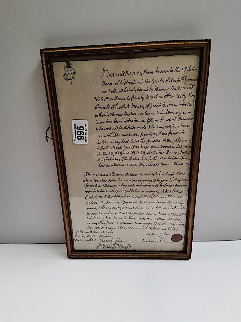 Bond dated 1773 "For quiet enjoyment" Mr John Bacon and Mr Thomas Baldwin