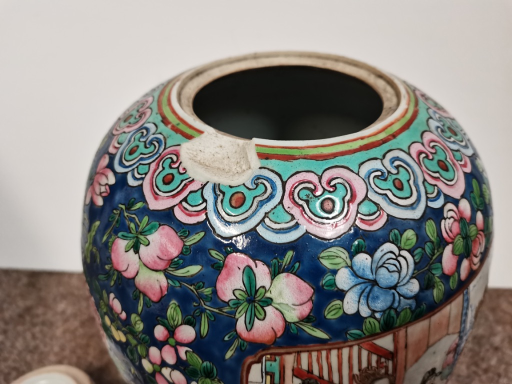 Early Chinese Ginger jar in bright coloured decoration with men/warriors and floral decoration 32cm - Image 6 of 12