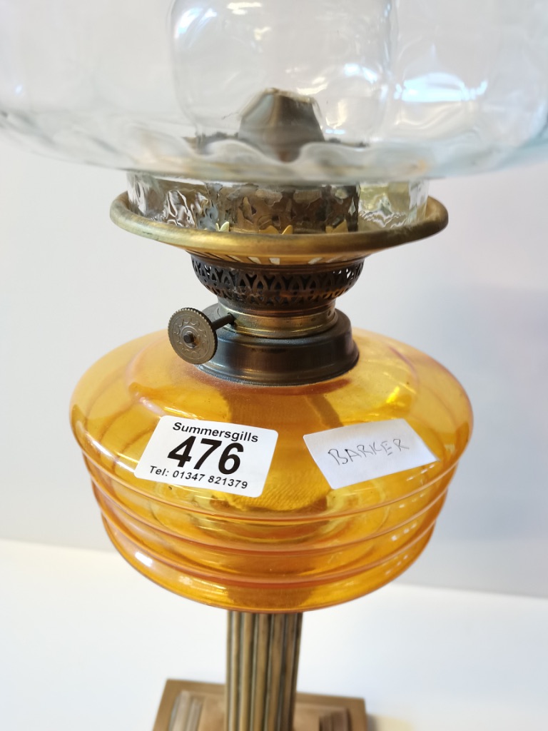 Antique brass column oil Lamp with orange vessel and original shade perfect - Image 4 of 4