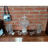 Cut glass lamp and 2 lustres