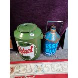 Esso blue paraffin bottle and castrol container