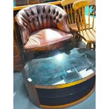 Revolving Leather Arm Chair & Glass Coffee Table