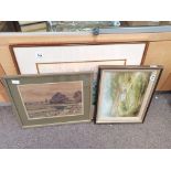 Oil of cottage by N M Milner plus watercolour EM Castleton and Watercolour by EWM Campbell
