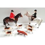 Beswick Huntsman, Beswick Huntswoman on Grey Horse, 5 hounds & Fox (1 hound leg repaired)