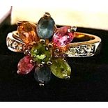 9ct gold 375 cluster ring with pink, green, blue petal stones with ridged white stone shoulders size
