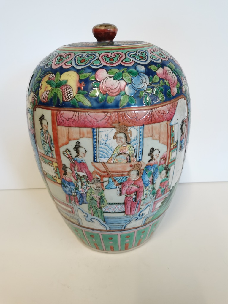 Early Chinese Ginger jar in bright coloured decoration with men/warriors and floral decoration 32cm