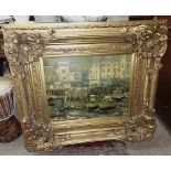Large oil painting of Boat in Harbour in gilt frame
