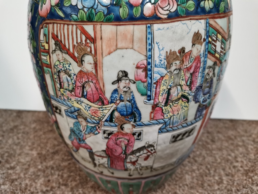 Early Chinese Ginger jar in bright coloured decoration with men/warriors and floral decoration 32cm - Image 2 of 12