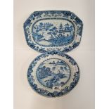 2 x Early Chinese Blue & White willow style plates ( chip to circular plate )