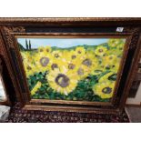 Large oil painting of sunflowers by A Turo 89cm H 104 cm W