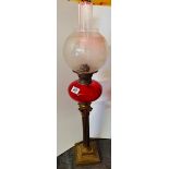 Vict Ruby Glass Brass Corinthian Column Oil Lamp