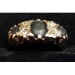 9ct gold Victorian style ring 3 graduated blue stones and 4 white stones size M 3.7g