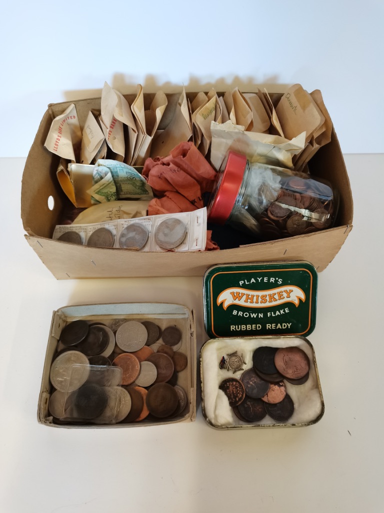 Box of World Coins incl early Victorian Penies