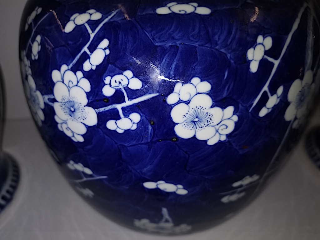 Early Chinese blue and white cherry blossom ginger jars with 4 & 6 character marks and in exc. con - Image 9 of 16