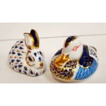 Crown Derby Rabbit Paper Weight (Silver Stop) & Duck Figure