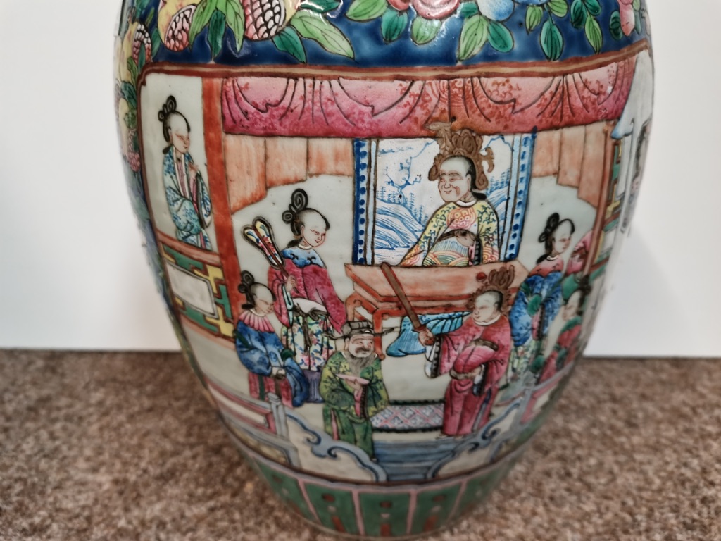 Early Chinese Ginger jar in bright coloured decoration with men/warriors and floral decoration 32cm - Image 3 of 12