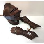 Medieval style helmet and gauntlet gloves