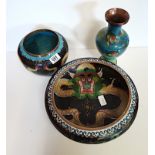 2 Cloisonne bowls and vase