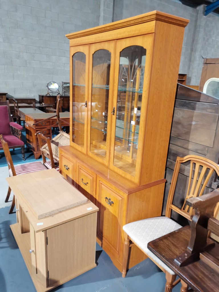 Display Cab, Chairs etc. Repro Pine Din. Table, Brass Standard Lamp & 4 Table Lamps