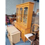 Display Cab, Chairs etc. Repro Pine Din. Table, Brass Standard Lamp & 4 Table Lamps