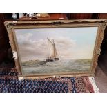 An oil on board of a sailing boat signed 73cm H 104cm W