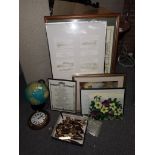 Coll of pictures, tile, cutlery, globe etc
