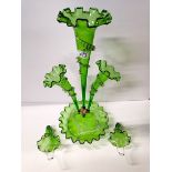 Green Glass Victorian Epergne (damaged)to two branches 56cm
