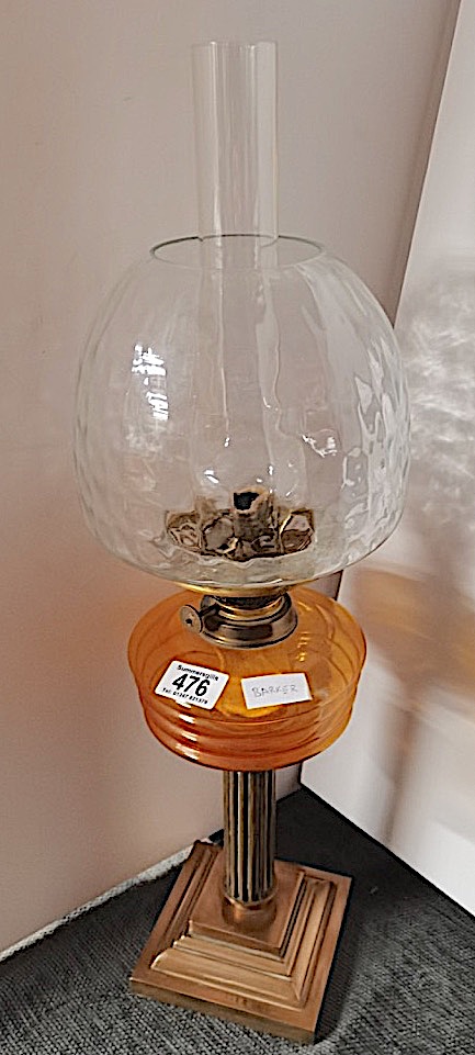 Antique brass column oil Lamp with orange vessel and original shade perfect