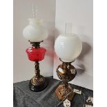 Brass Converted Oil Lamp & Vict Red Glass Brass Oil Lamp both no damage