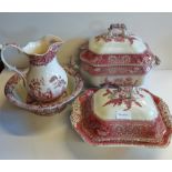 2 Spode pink camellia tureens and Girl at the Well jug and bowl