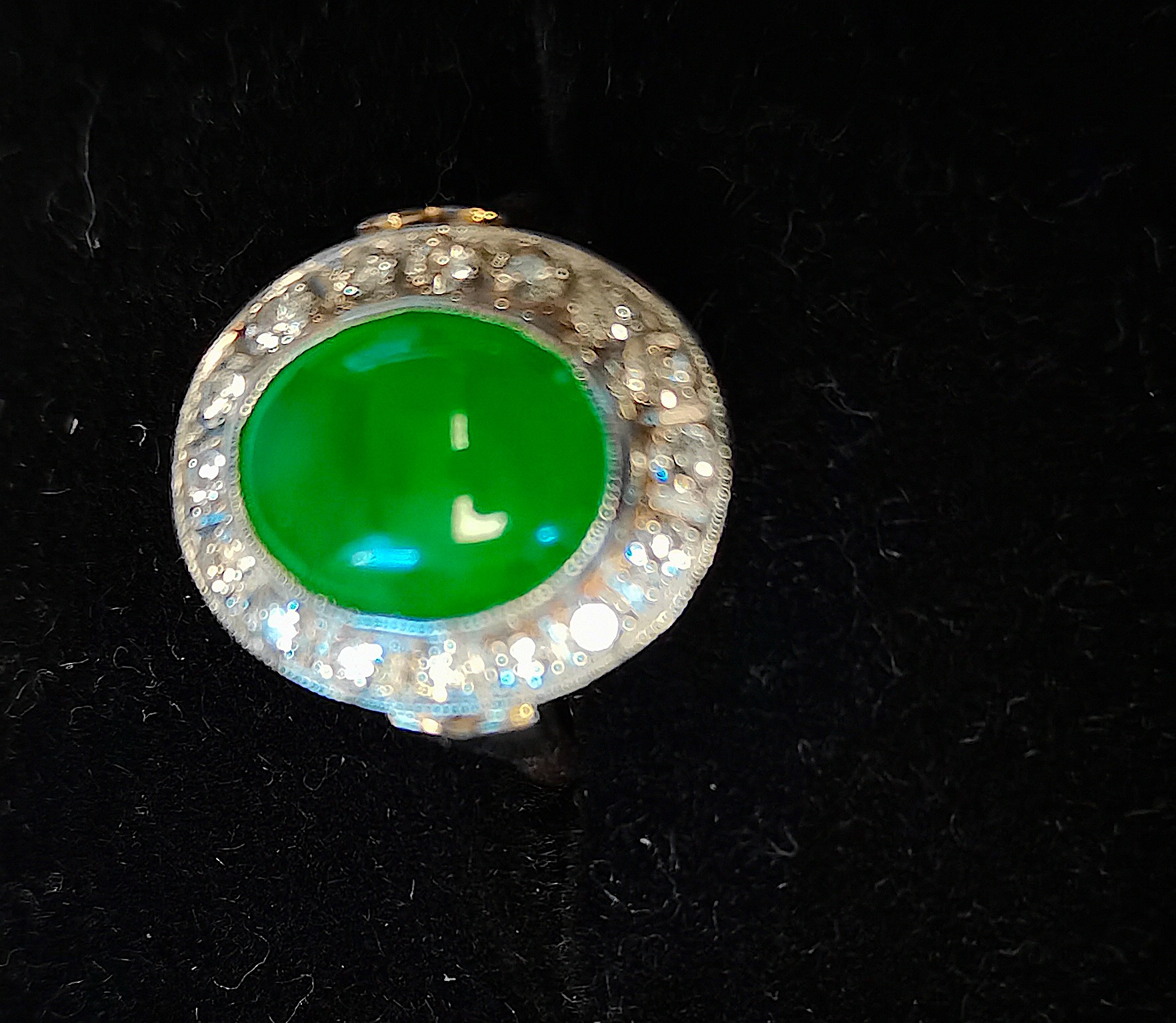 18ct ring yellow gold with 5ct Coubochon green centre stone encrusted with white diamonds size N