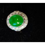 18ct ring yellow gold with 5ct Coubochon green centre stone encrusted with white diamonds size N
