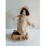 Antique musical box of porcelain doll, no marking, working order 30cm