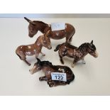 Beswick Donkey Jenny and Donkey Foal, Shetland Foal in brown and lying foal in brown model no. 915