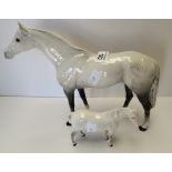 Beswick Large racehorse in grey and small Thoroughbred in grey