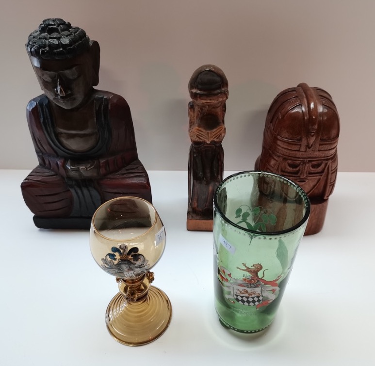 Antique glasses and carved sculptures x 3