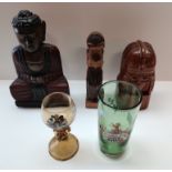Antique glasses and carved sculptures x 3