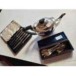 Silver miscellaneous spoons 104g and plated teapot and cake knives