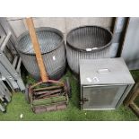 2 dolly tubs, lawn mower and metal cupboard