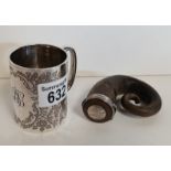 Silver Christening mug 99g and horn snuff box with AM on lid