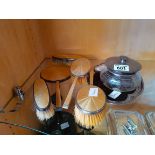 Silver 5pce mirror and brush set, tray, buffer and powder bowl