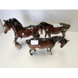 Beswick Cantering Shire horse, Mare facing left and small Mare facing right all in brown
