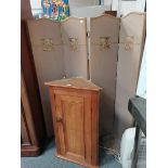 Antique pine corner cupboard and 4 panel screen