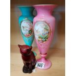 Pair of Victorian glass vases 25cm plus Doulton cat 13cm VGC