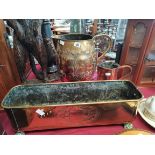 Copper measuring jug marked EA , large brass jug 45cm and planter