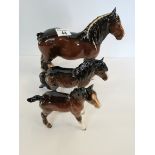 Beswick 818 shire horse in brown, Shetland woolly mare in brown and large shire horse in brown