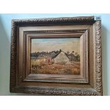 Oil of farmyard scene signed W Heattie 1871 50cm x 43cm