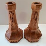 20cm Early pair of Lizardman candlesticks - Mouseman interest